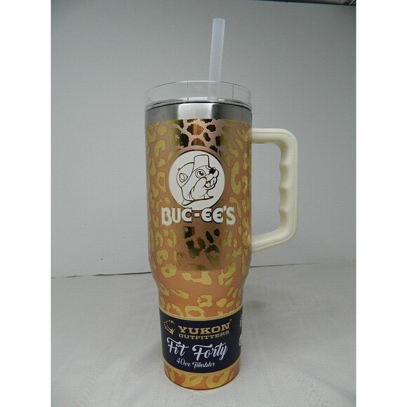 Buc-ees Yukon Outfitters Gold Leopard/Cheetah 40oz Tumbler w/Handle & Straw New! - Picture 1 of 9